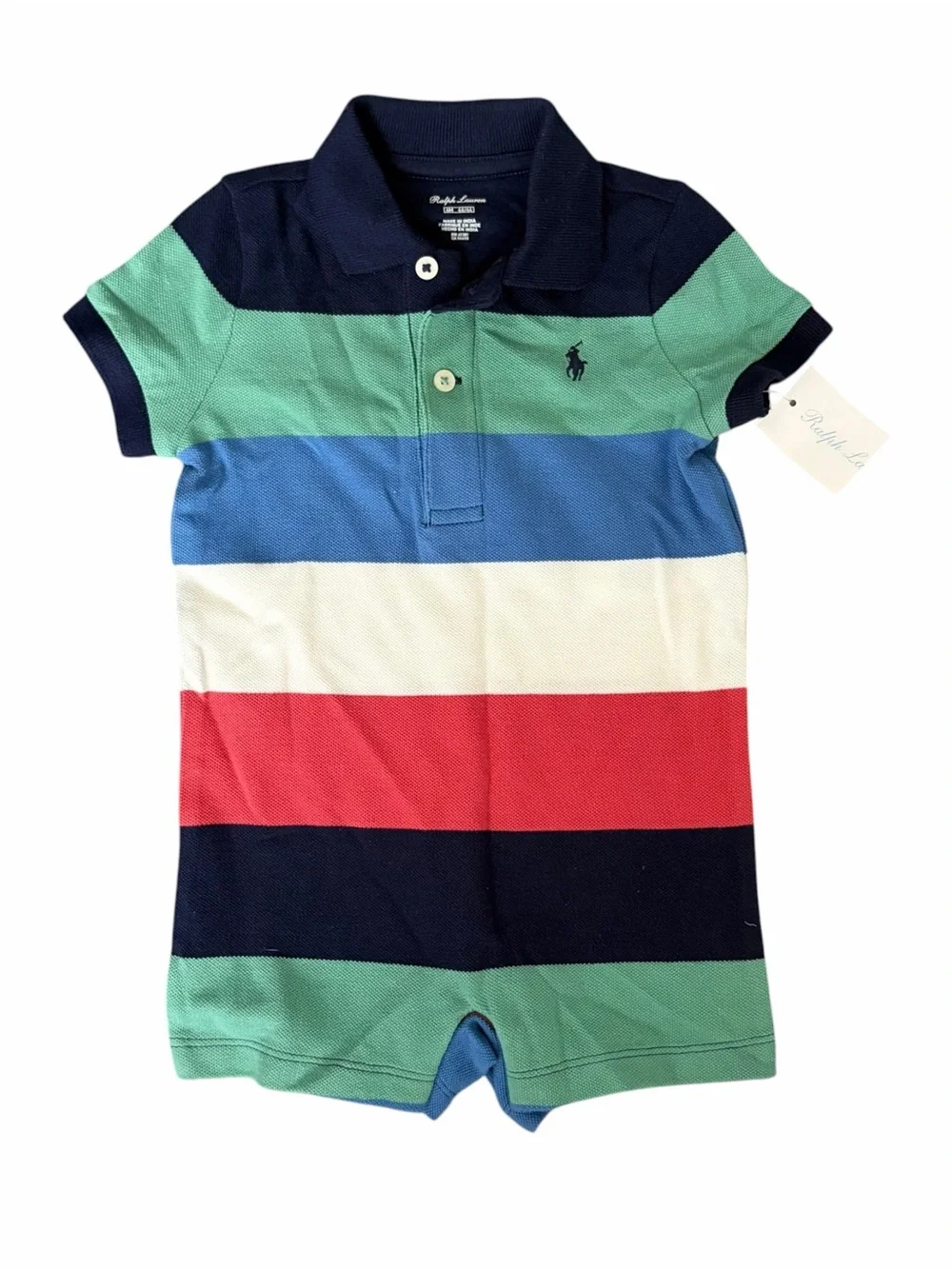 Polo by Ralph Lauren Boys' Multi-Stripe Polo Romper - Navy/Green/Blue/Red/White